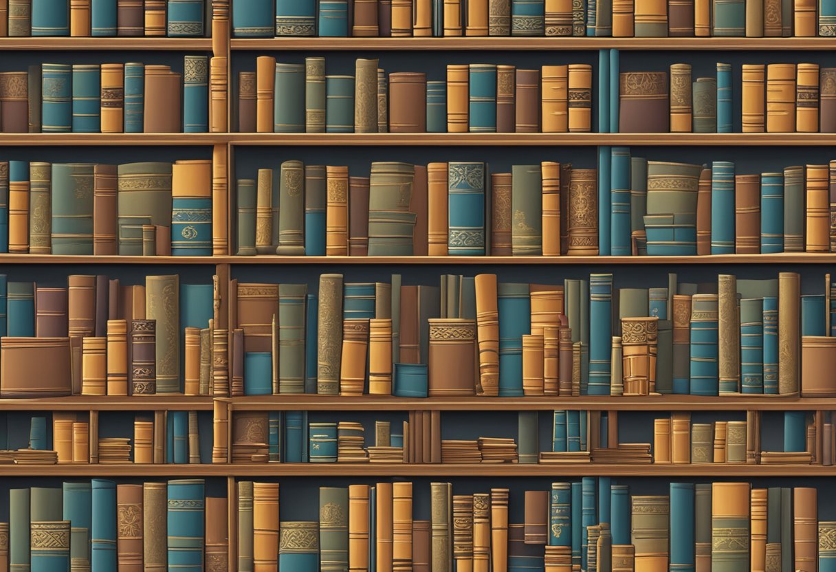 A serene library with scrolls and tablets, representing ancient texts from various cultures, arranged in opposition to each other