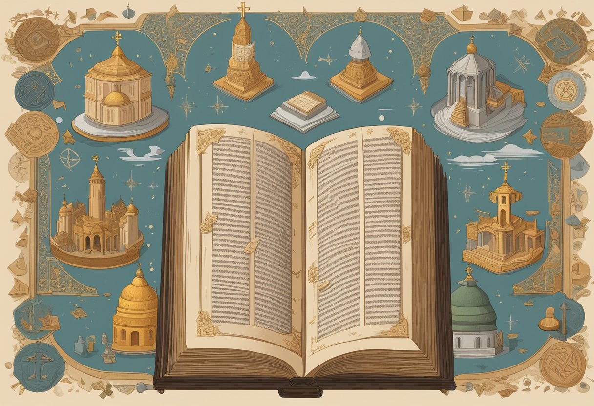 A collection of ancient religious texts arranged in opposition, surrounded by symbols of different faiths
