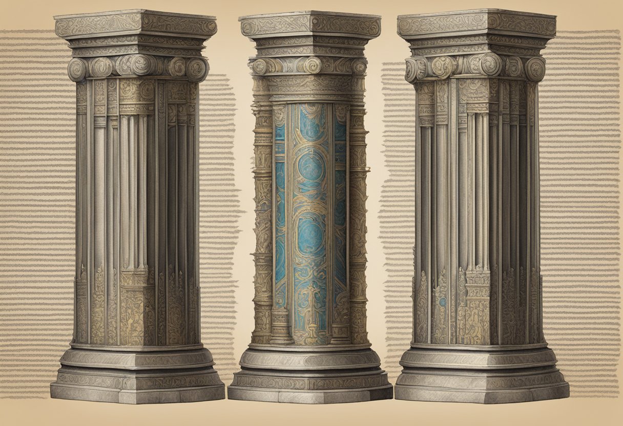 Two ancient texts, represented as opposing pillars, stand tall and sturdy, each emanating a sense of strength and authority