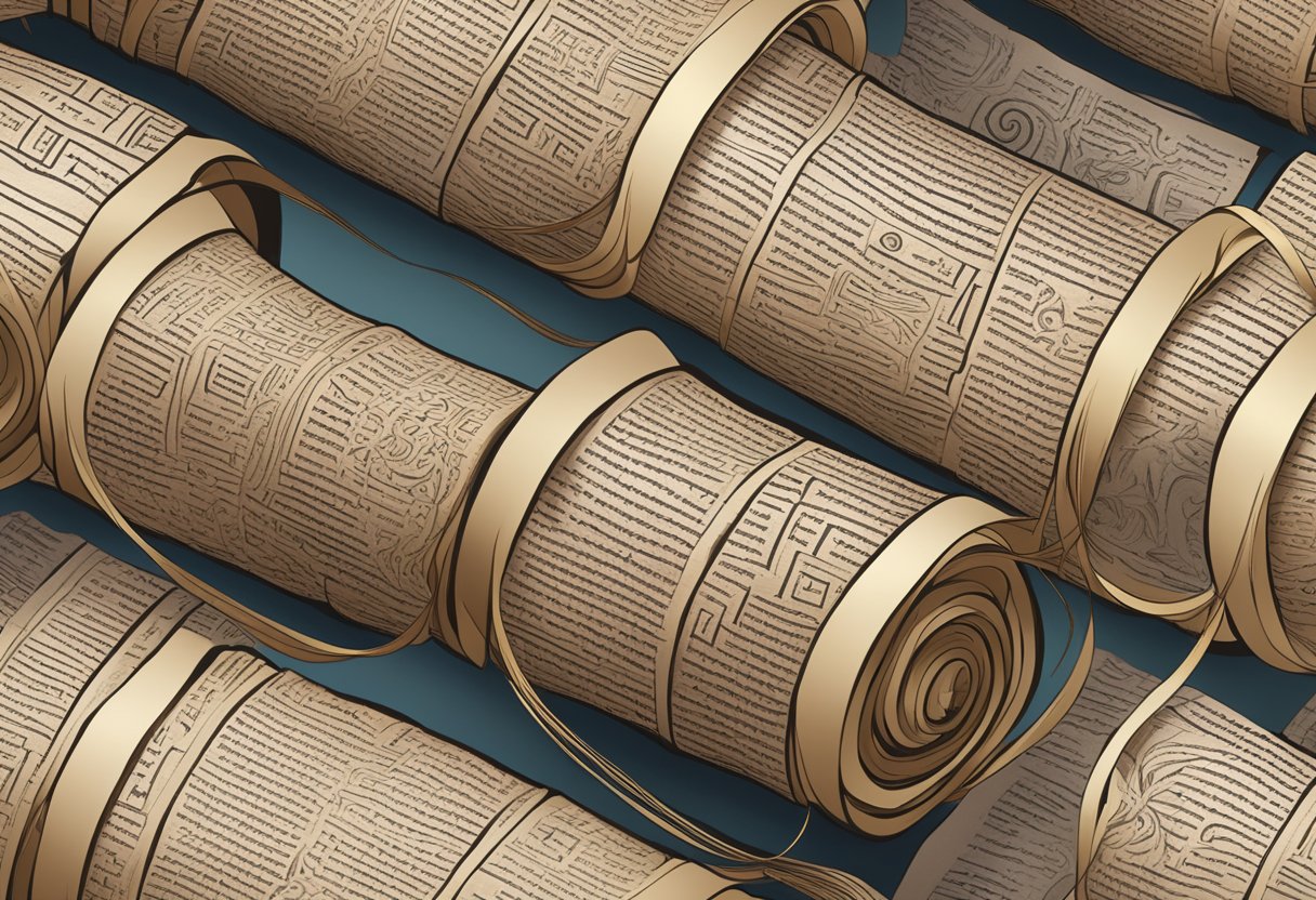 A scroll of ancient texts unraveled, each one marked with distinct symbols and patterns, arranged in opposition to each other