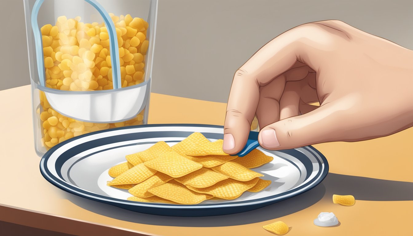 A diabetic measuring out a portion of corn chips on a plate