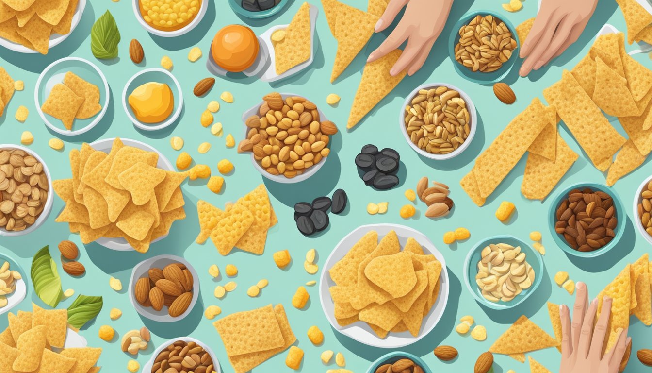 A diabetic hand reaches for a small portion of corn chips, surrounded by various alternative snack options like nuts, seeds, and veggie sticks