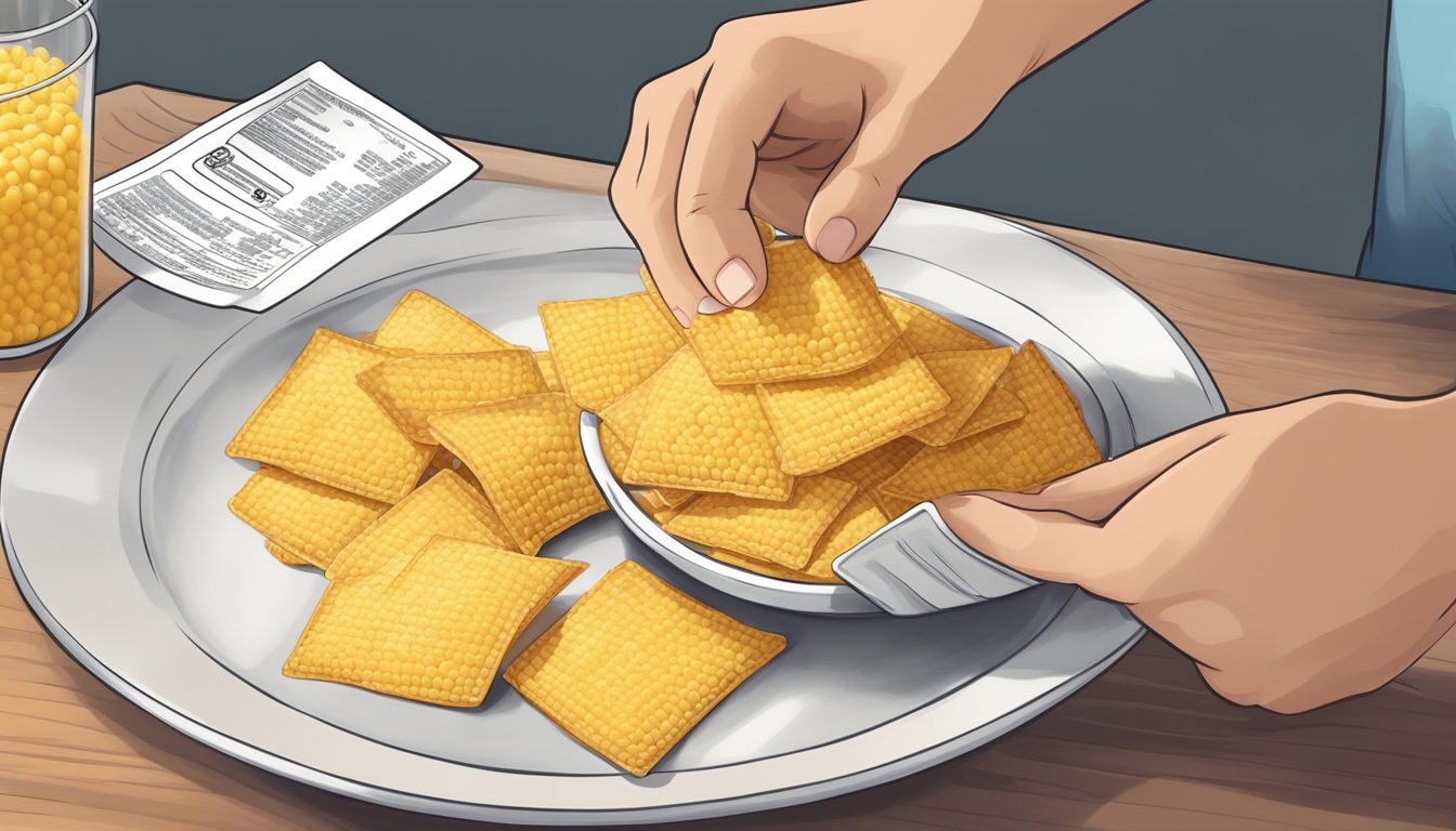 A diabetic carefully counts out a small portion of corn chips on a plate, while a nutrition label is visible in the background