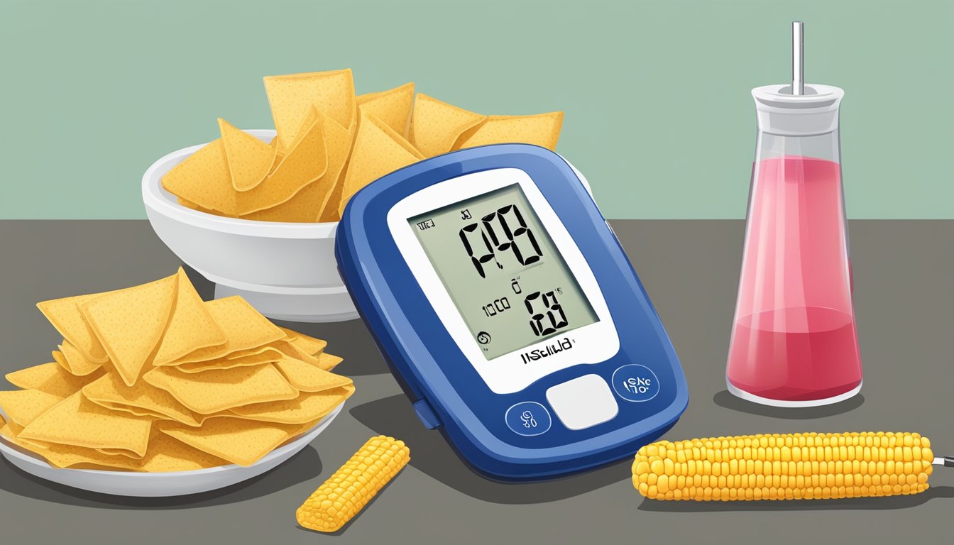 A bowl of corn chips next to a blood glucose monitor and insulin pen