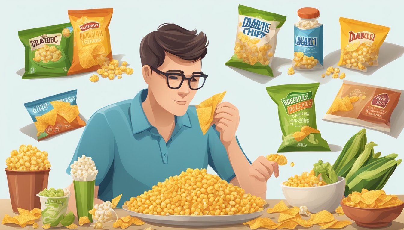 A diabetic carefully examines a variety of alternative snack options to traditional corn chips, including vegetable chips and air-popped popcorn