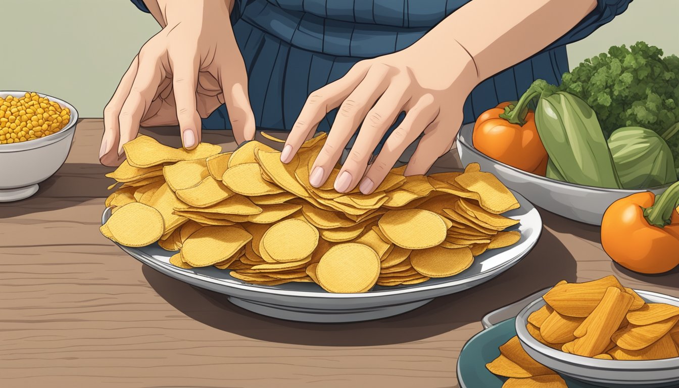 A hand reaching for a small handful of corn chips from a bowl on a table, with a plate of sliced vegetables nearby