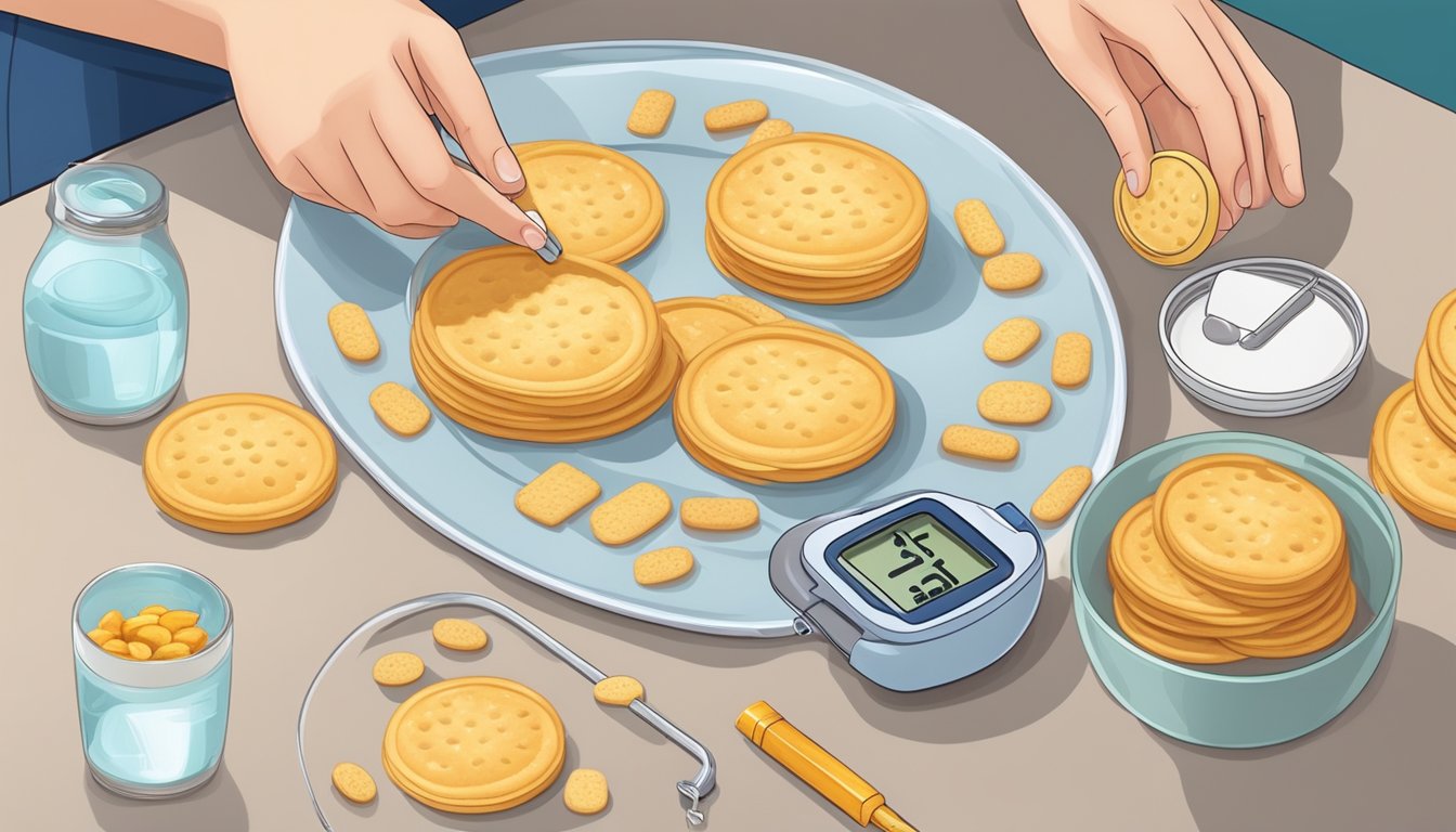 A diabetic carefully counts out water biscuits on a plate, with a measuring tool nearby