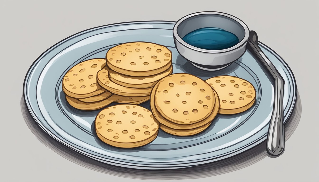 A plate with a few water biscuits and a measuring tool to indicate portion size