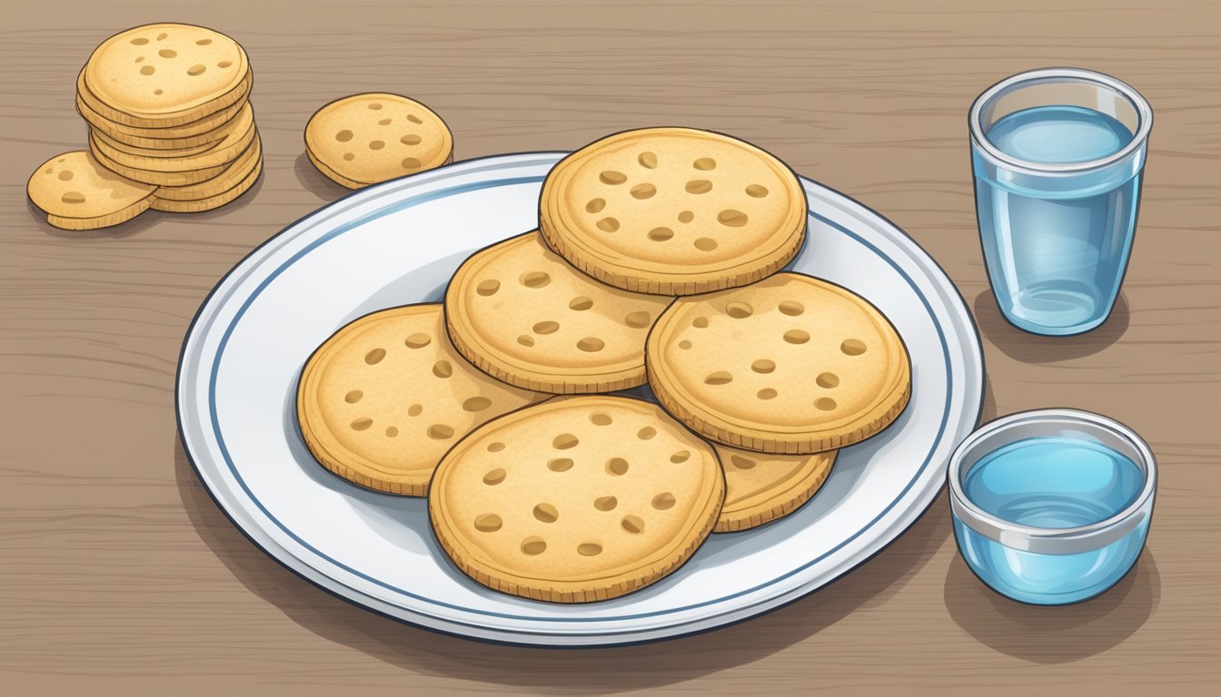 A plate with a small pile of water biscuits, a measuring cup, and a nutrition label