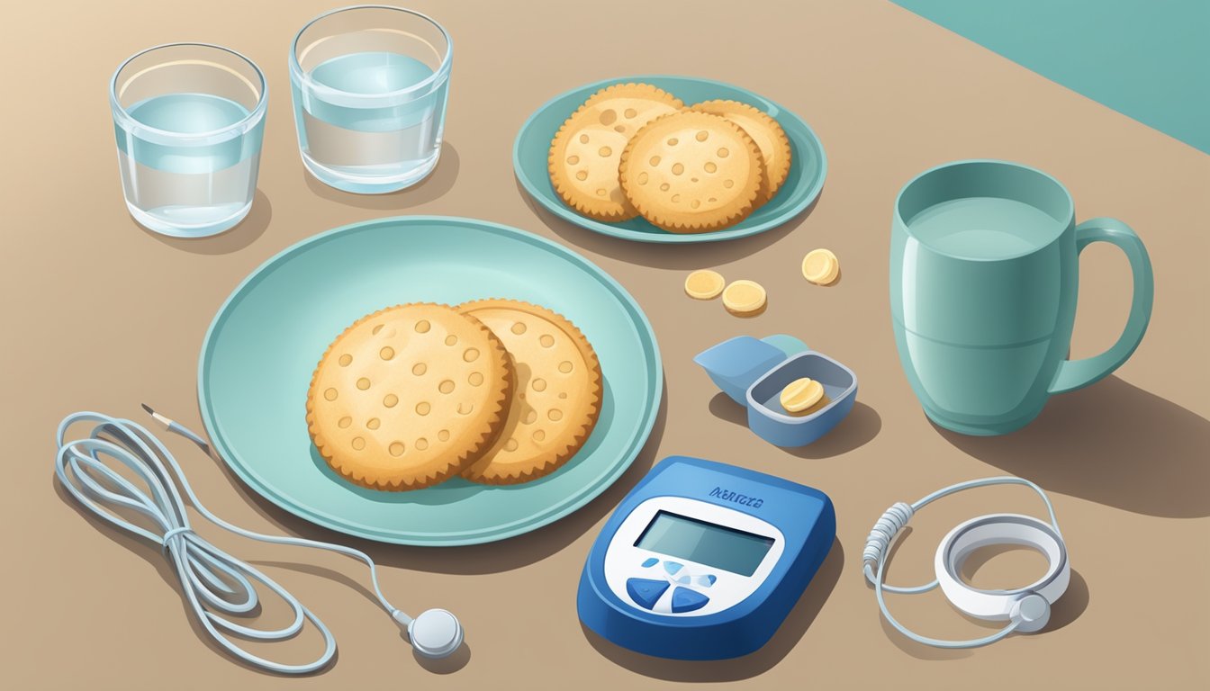 A plate of water biscuits with a measuring cup and a diabetes blood sugar monitor next to it