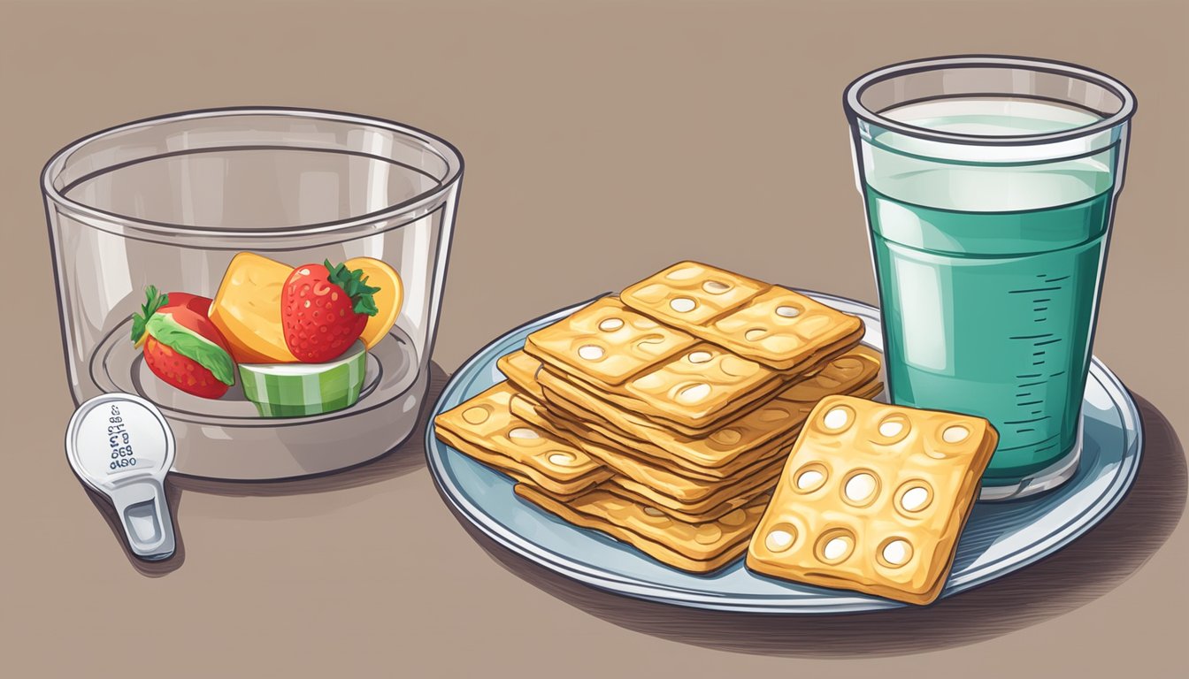 A plate with a small stack of soda crackers next to a measuring cup and a nutrition label