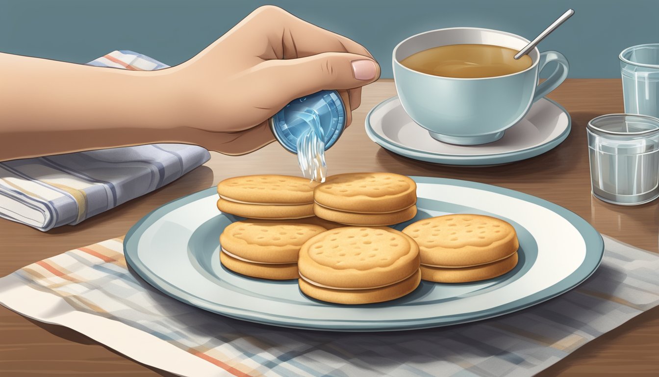 A diabetic hand reaches for a small stack of water biscuits on a plate, with a measuring cup nearby