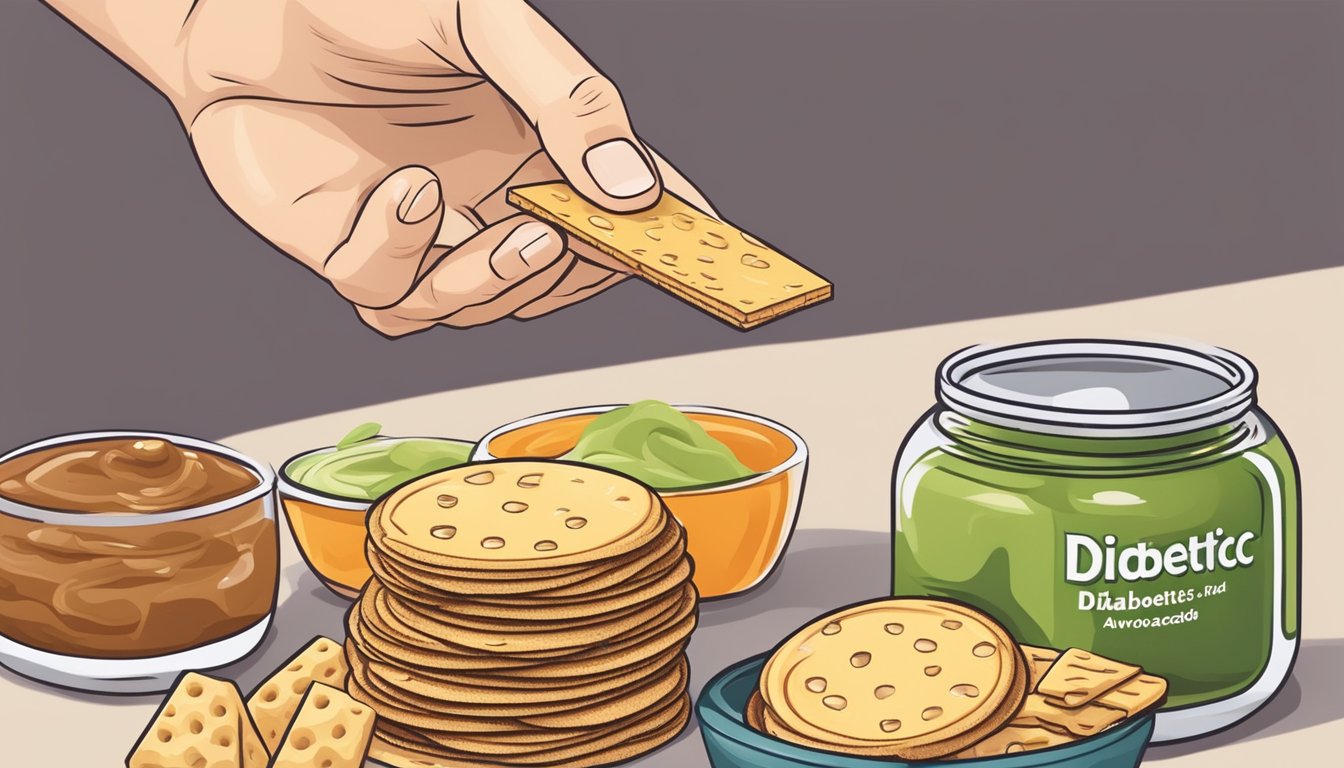 A diabetic's hand reaches for a small stack of soda crackers, with a variety of healthy fat toppings like avocado, nut butter, and cheese nearby