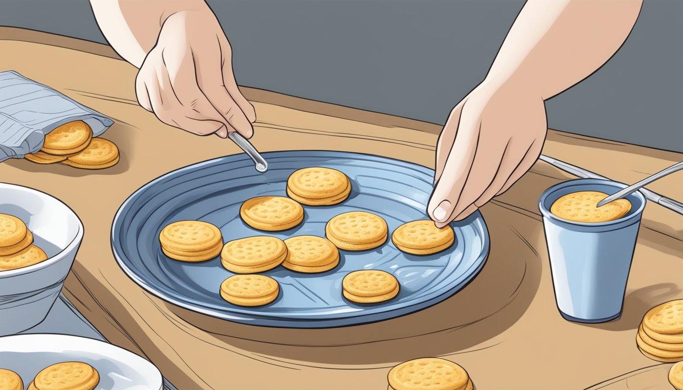 A diabetic carefully counting out water biscuits on a plate