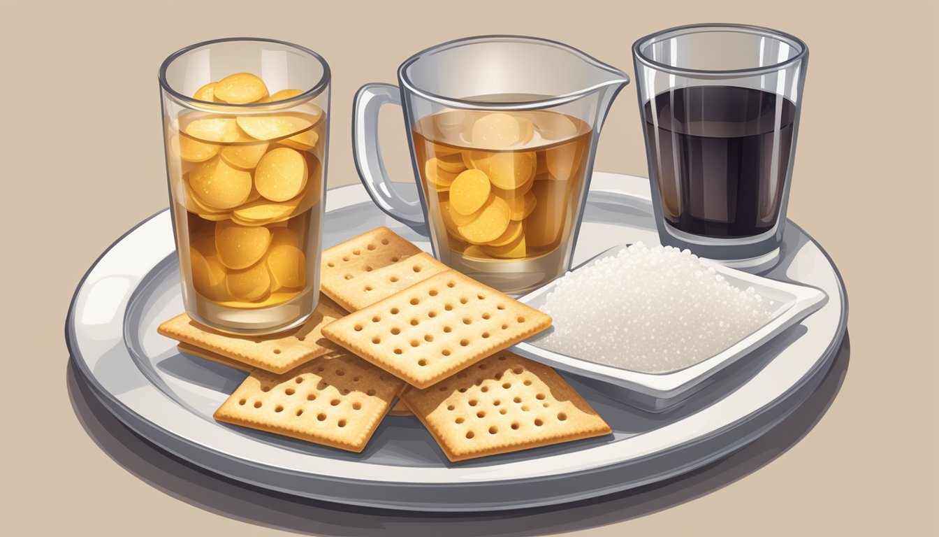 A plate of soda crackers with a measuring cup of salt and sugar next to it