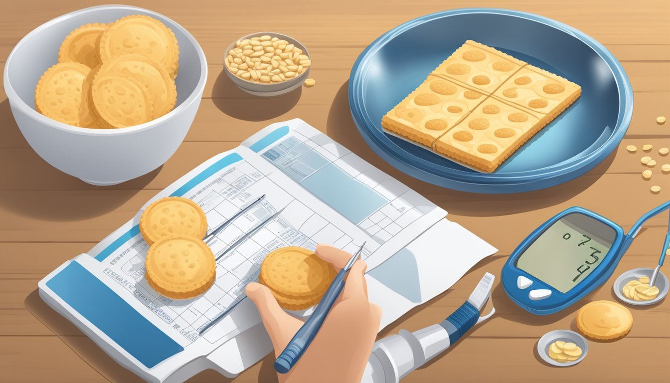 A diabetic carefully counts out a portion of water biscuits on a plate, alongside a measuring tool and a nutrition guide