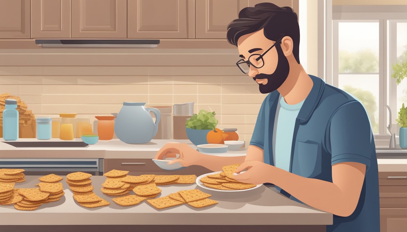 A person with diabetes carefully selects a small portion of whole grain crackers from a variety of healthier cracker options on a kitchen counter