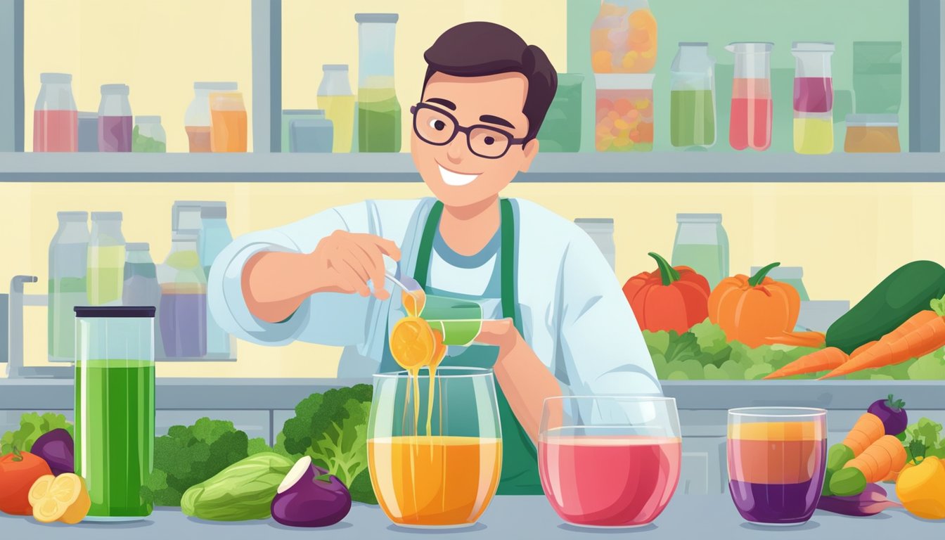 A diabetic pours a measured amount of vegetable juice into a glass. A variety of colorful vegetables are displayed in the background