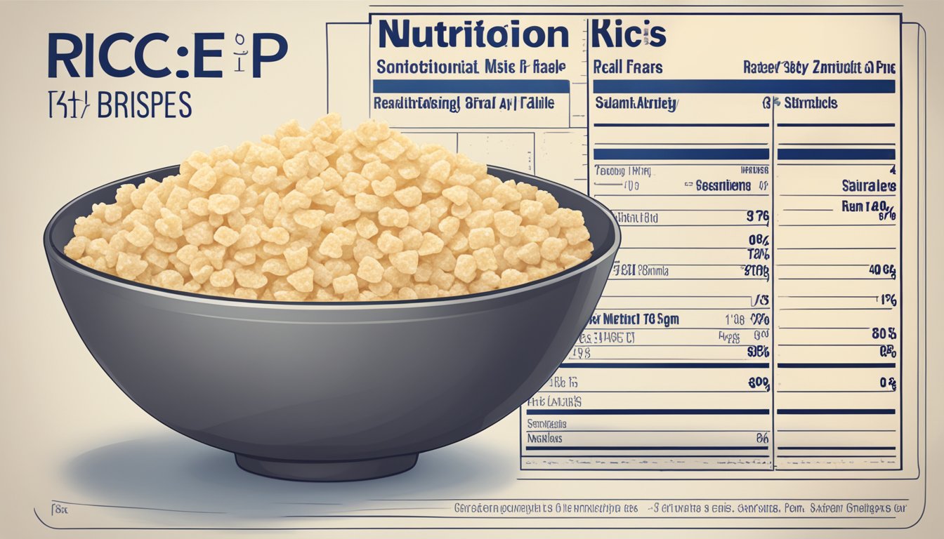 A bowl of Rice Krispies with a measuring cup and a nutrition label