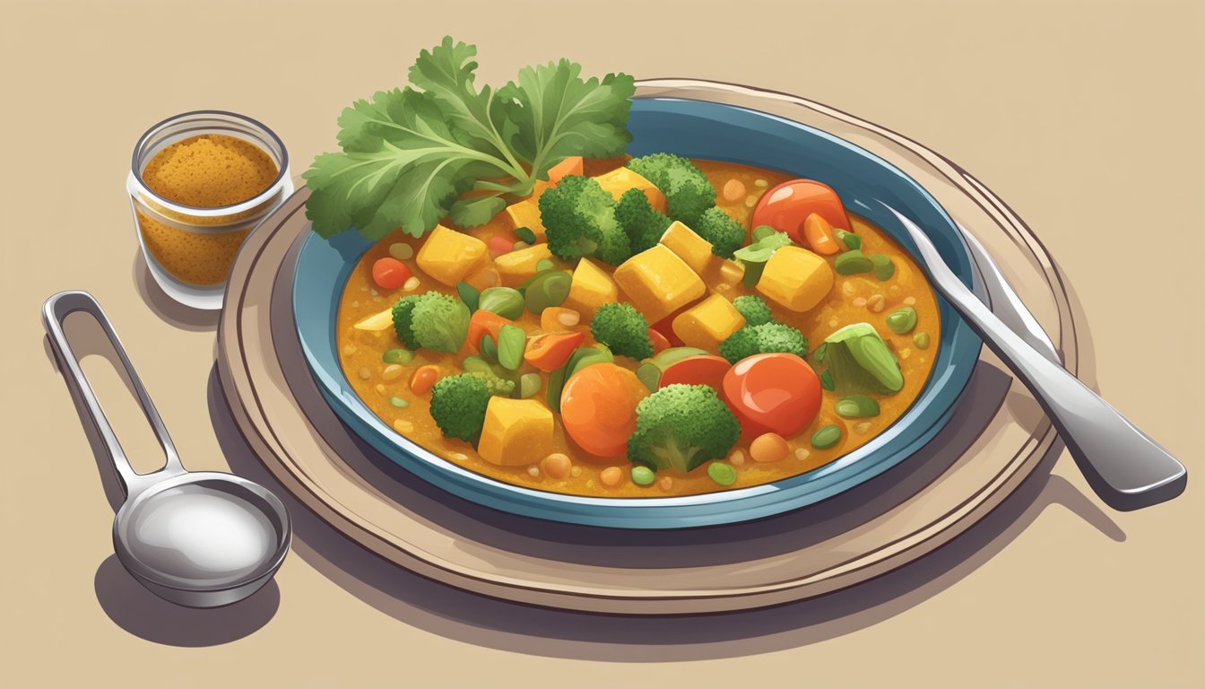 A plate of vegetable curry with a measuring cup next to it, indicating portion control for a diabetic diet