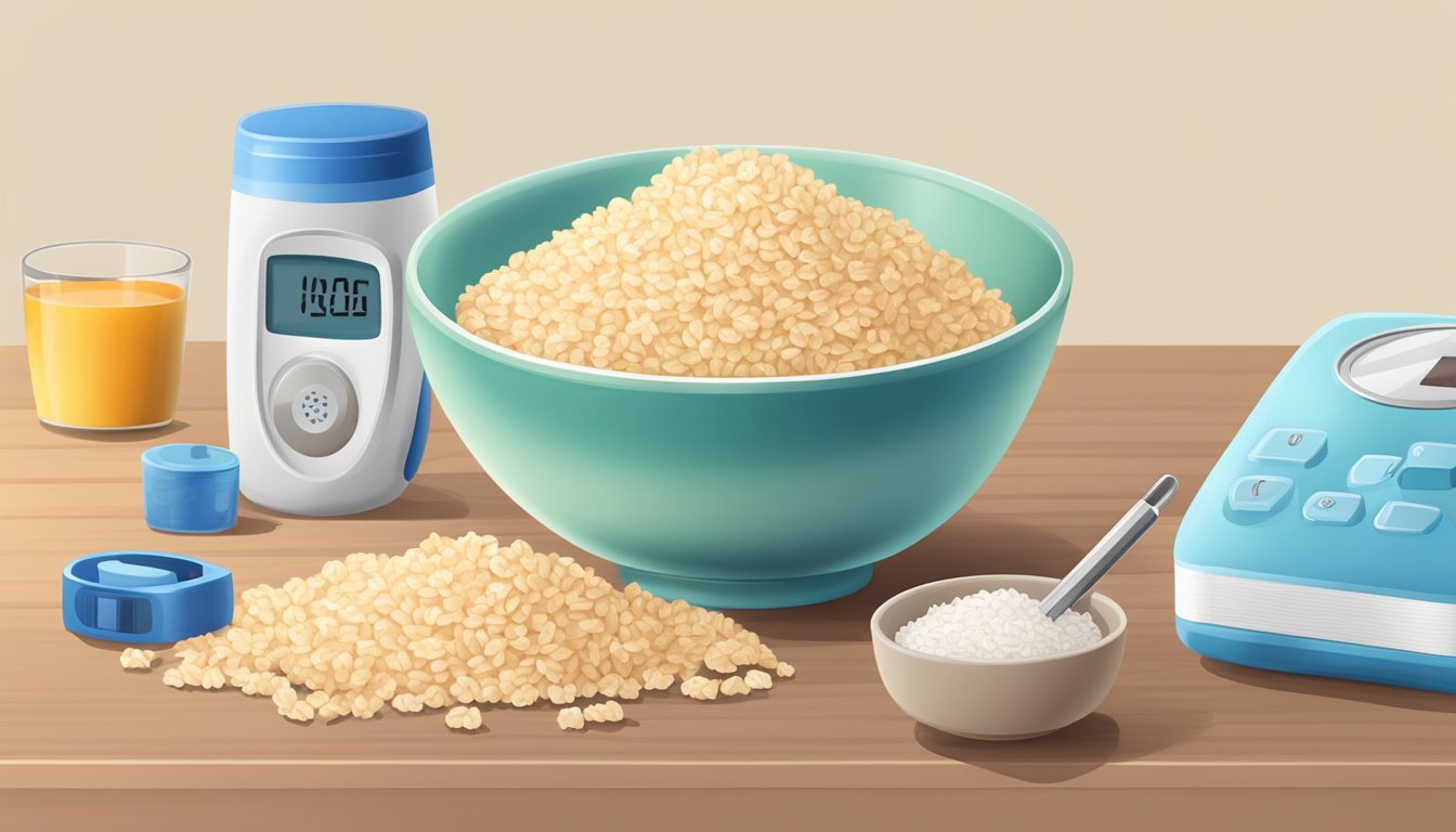 A bowl of rice krispies with a measuring cup and a diabetes blood sugar monitor on the table