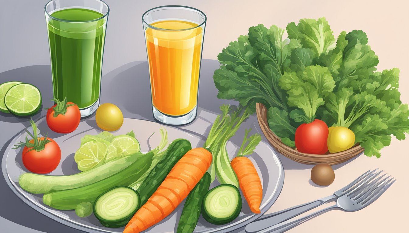 A glass of vegetable juice next to a plate of assorted vegetables