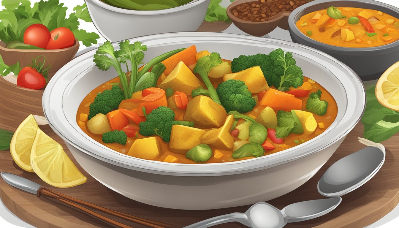 A colorful bowl of vegetable curry with a variety of fresh, vibrant vegetables and aromatic spices, served in a portion suitable for a diabetic individual