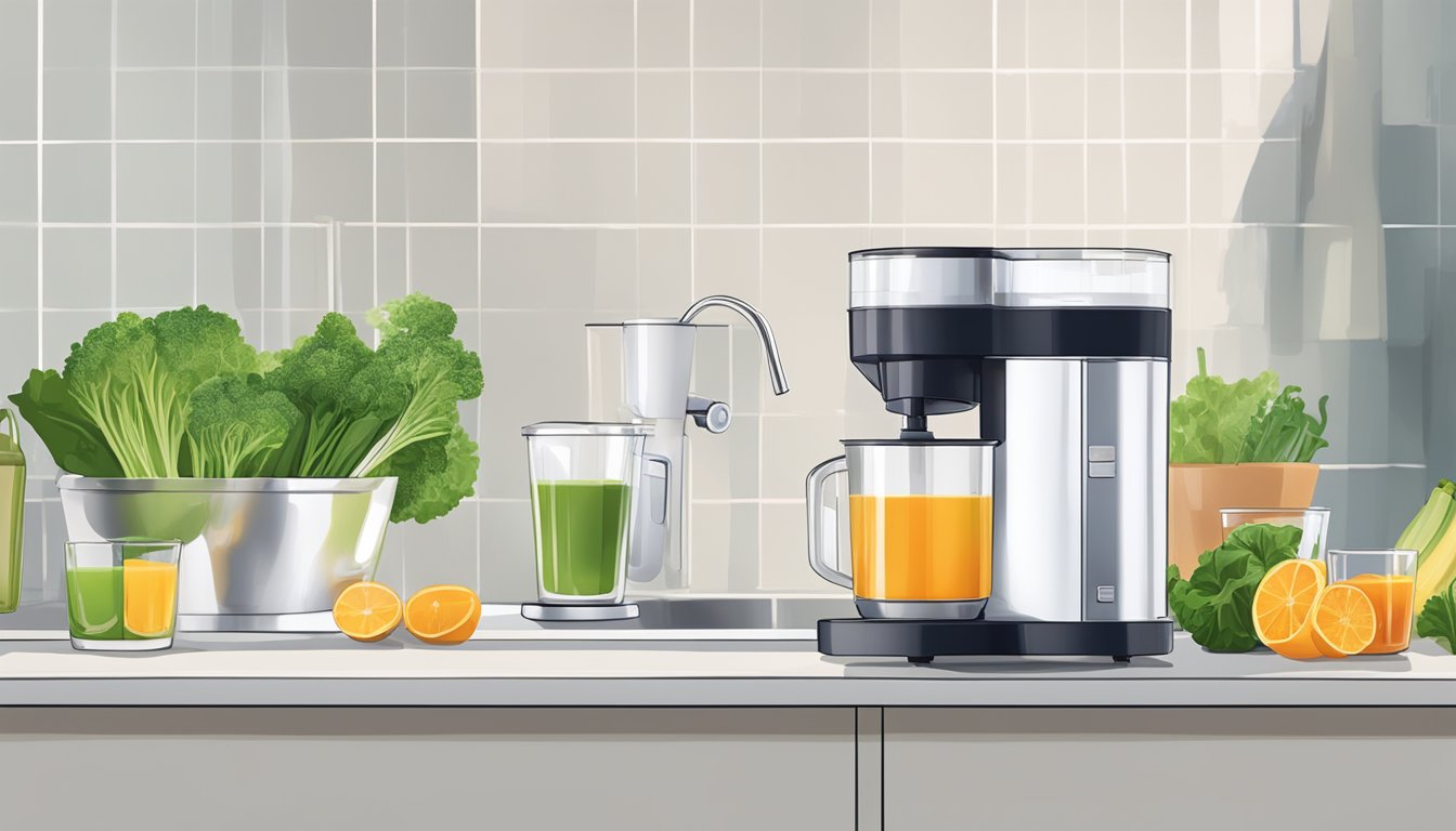 A person pouring a glass of vegetable juice from a juicer into a clear glass on a kitchen counter