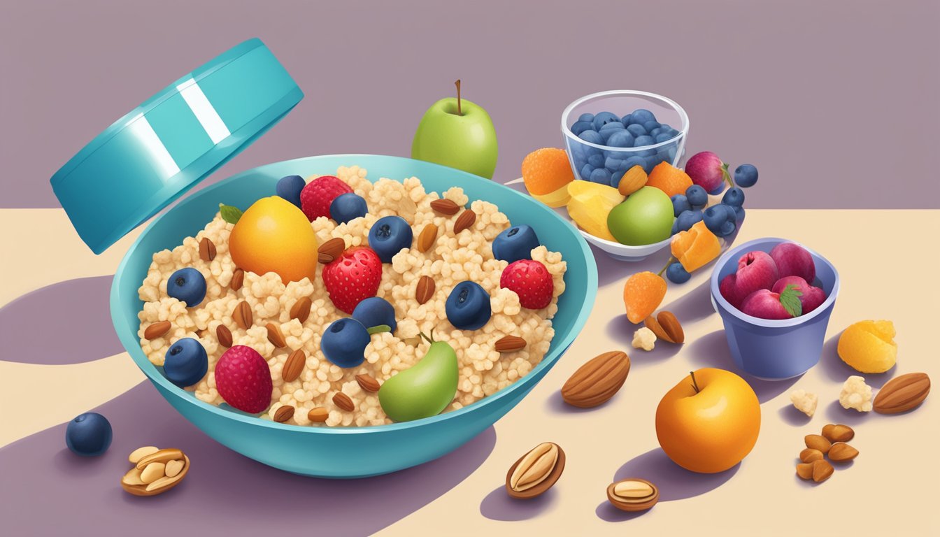 A bowl of colorful fruits and nuts arranged next to a box of rice krispies, with a measuring cup indicating a small portion size