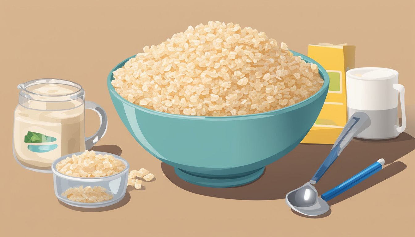 A bowl of rice krispies with a measuring cup and a diabetic-friendly food guide