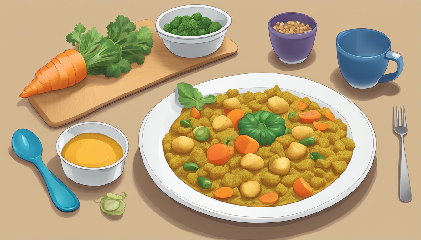 A plate with a measured portion of vegetable curry next to a measuring cup and a portion control guide