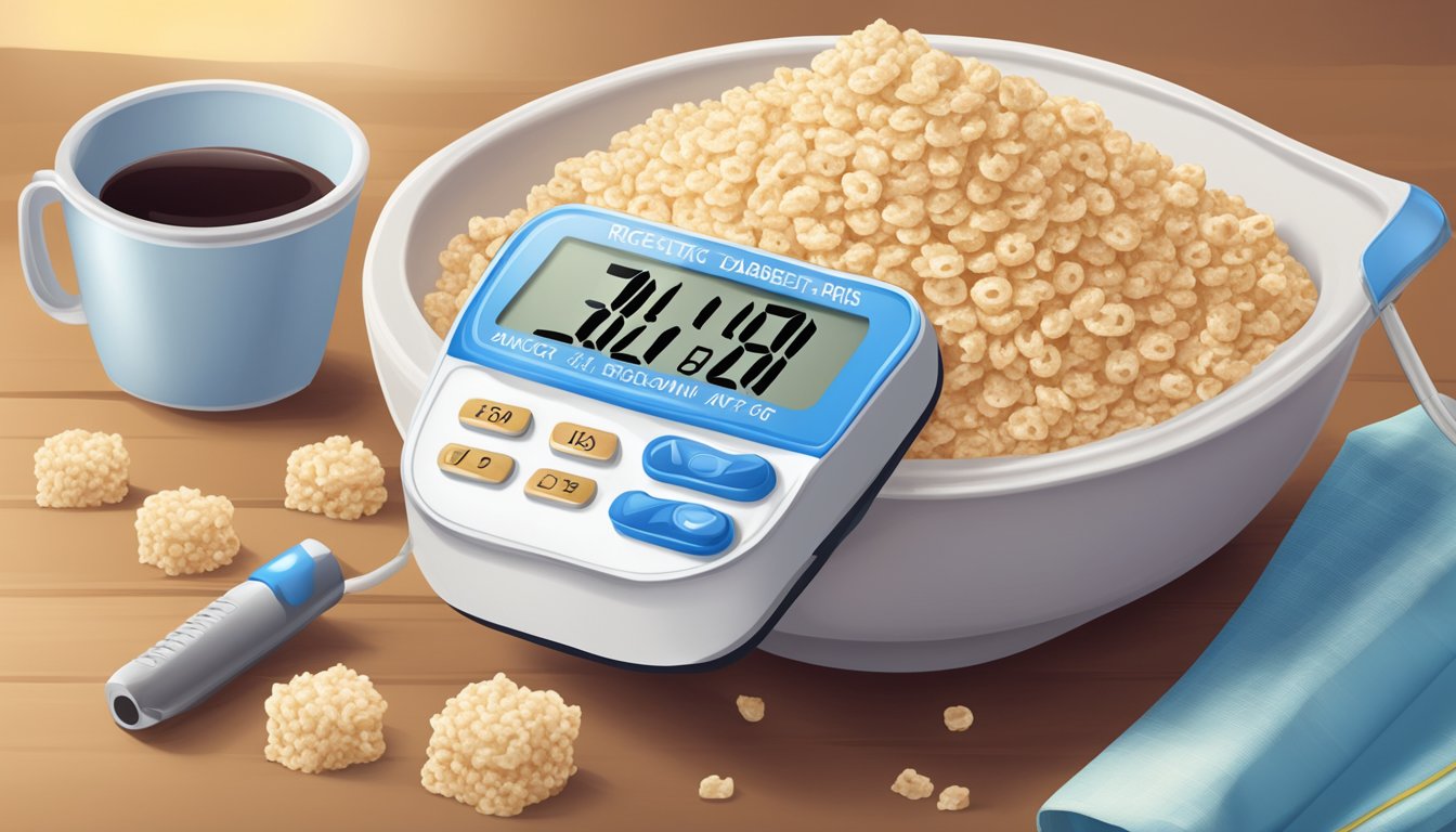 A bowl of rice krispies with a measuring cup and a diabetic blood sugar monitor on the table