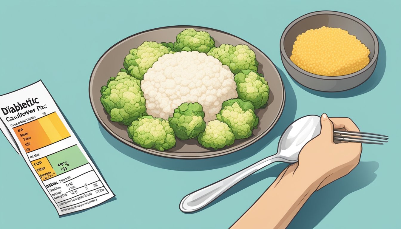 A plate of cauliflower rice next to a measuring cup and a nutrition label. A diabetic person is holding a fork and looking at the portion size