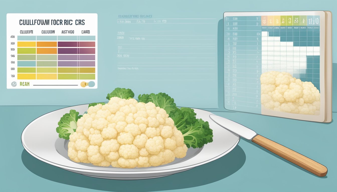 A plate with a measured portion of cauliflower rice next to a carb counting chart