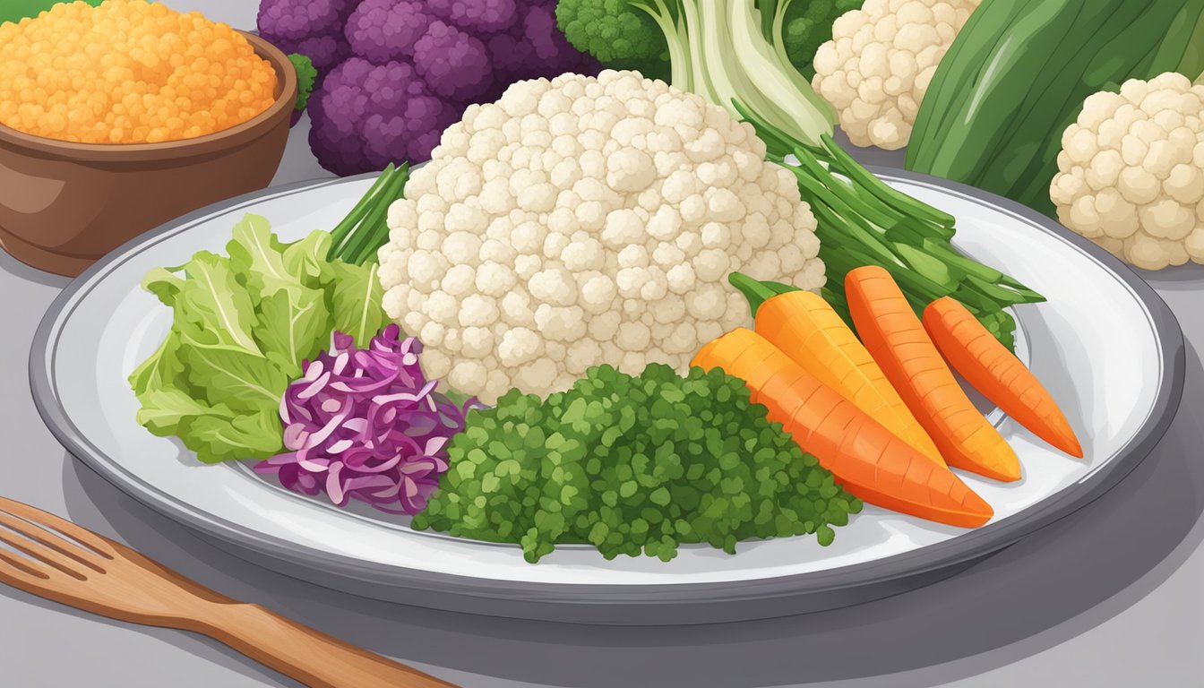 A plate with a portion of cauliflower rice, surrounded by colorful vegetables and lean protein