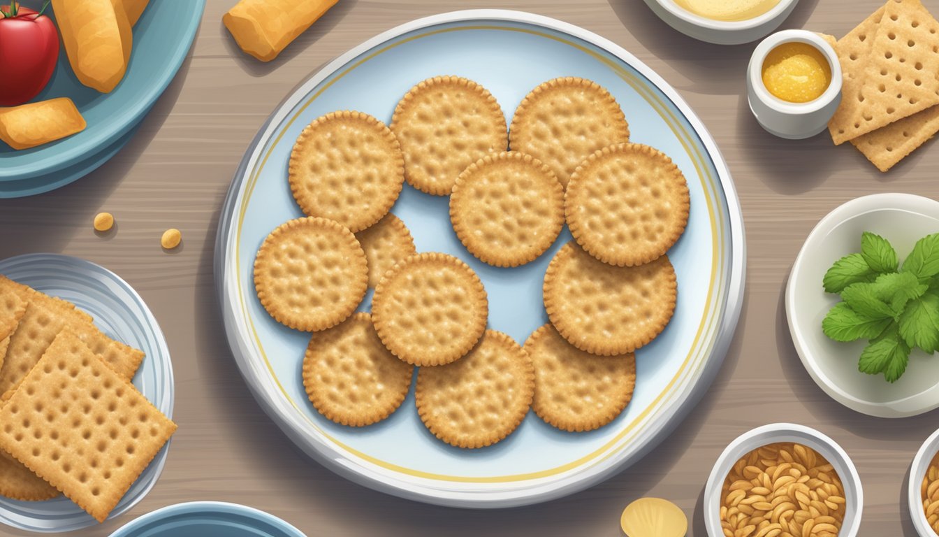 A plate with a serving of wheat germ crackers, a measuring tool, and a diabetes-friendly food