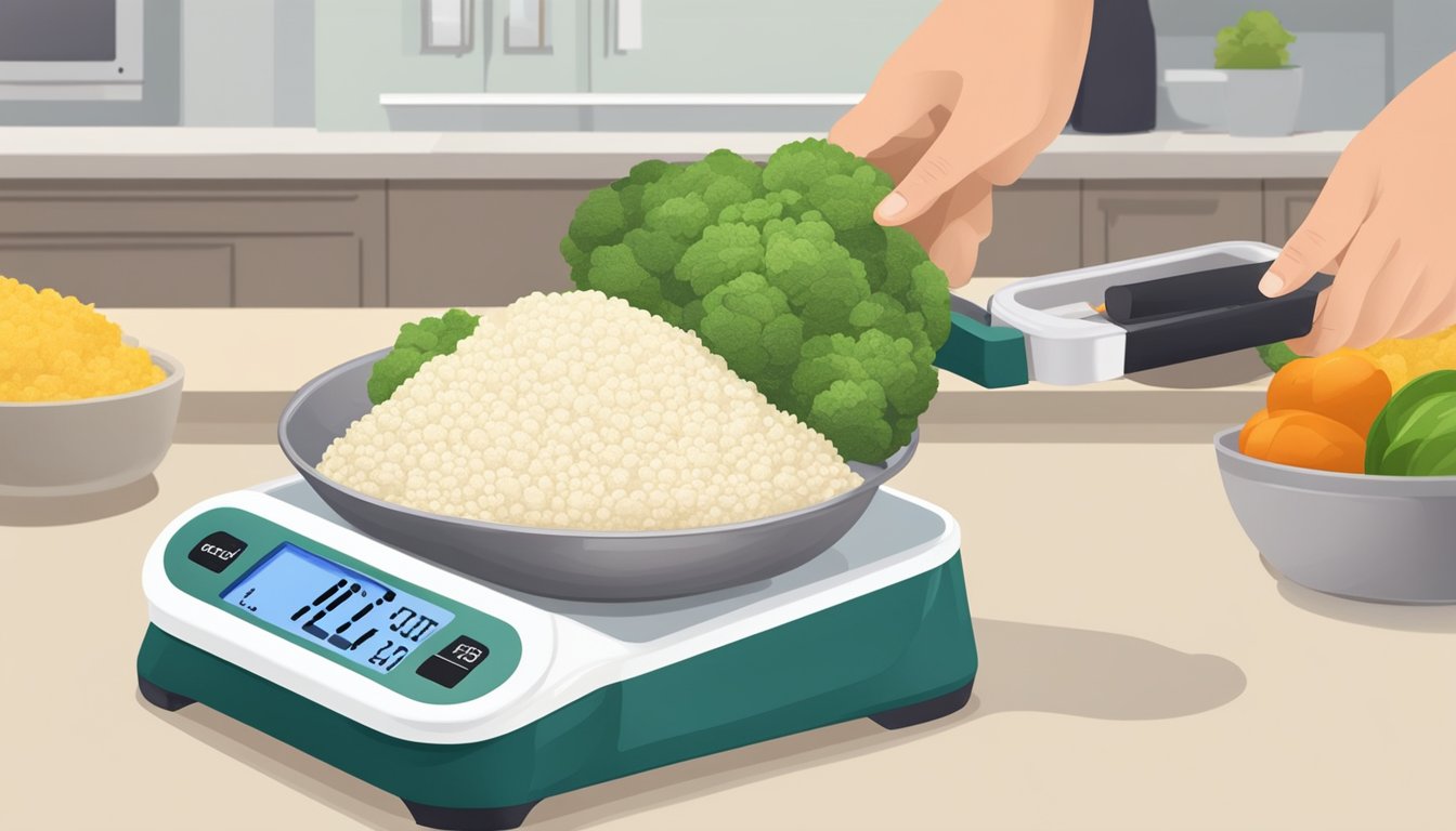 A diabetic measuring out portions of cauliflower rice with a measuring cup on a kitchen scale