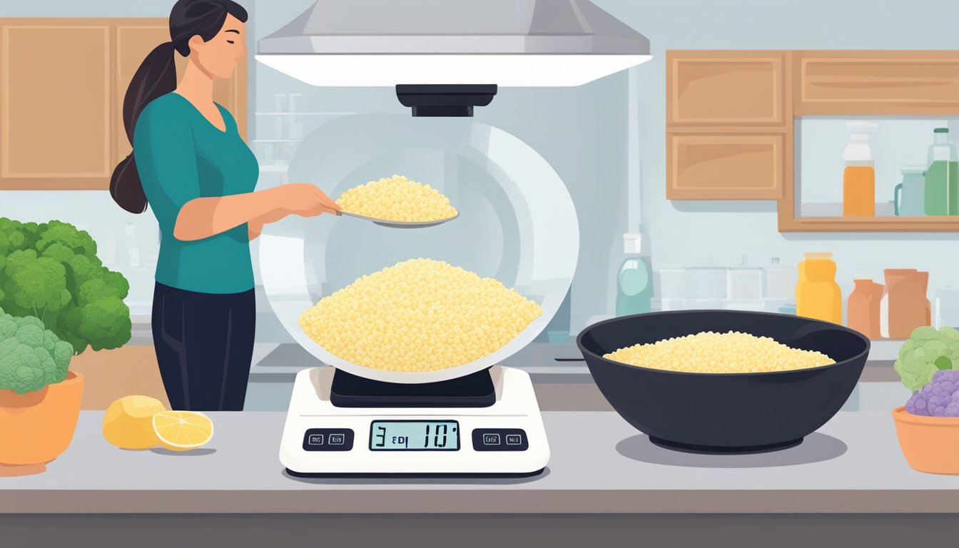 A person measuring a serving of cauliflower rice on a scale, with a nutritionist providing guidance