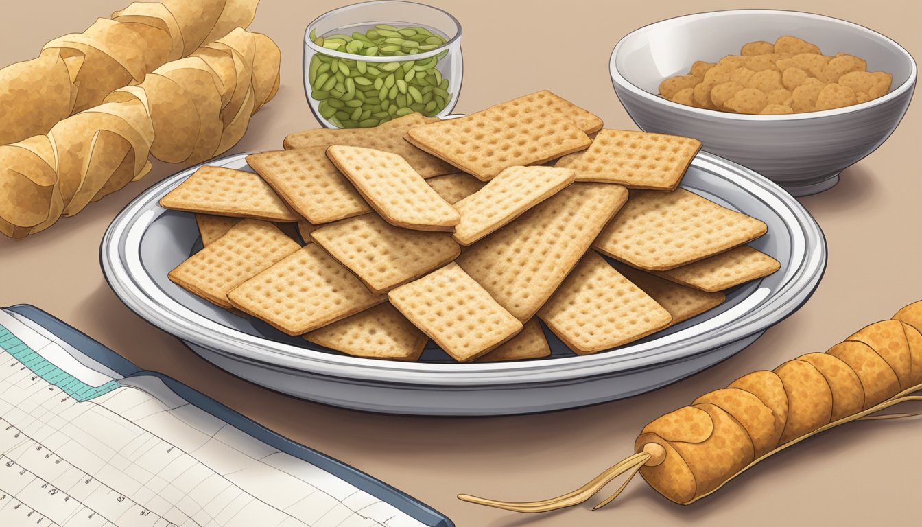 A plate with wheat germ crackers, a measuring tool, and a diabetes-friendly snack guide