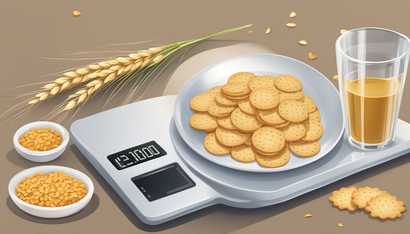 A plate with a small portion of wheat germ crackers next to a measuring cup and a food scale