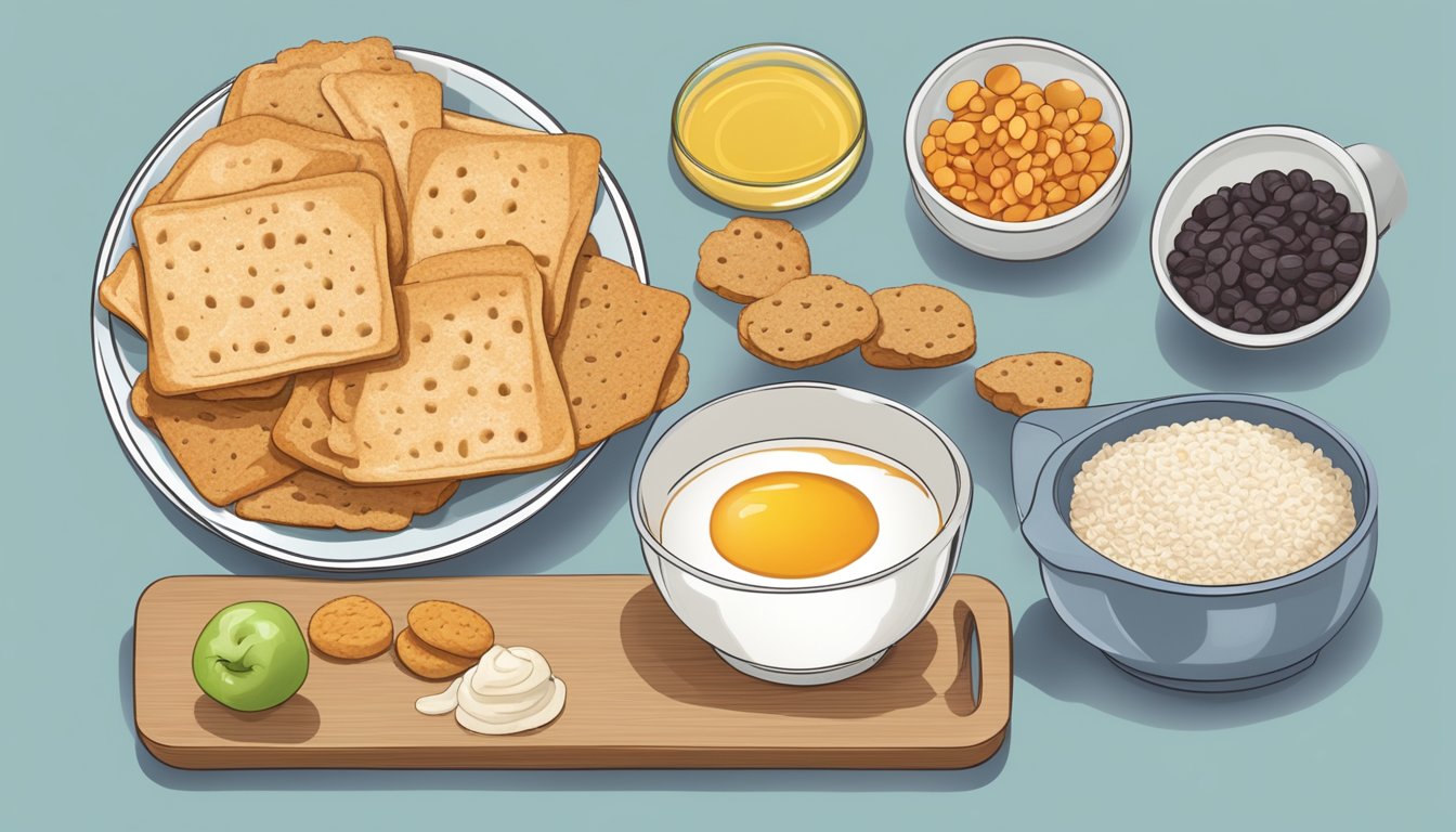 A plate of crisp breads with a measuring cup and a diabetes-friendly food guide