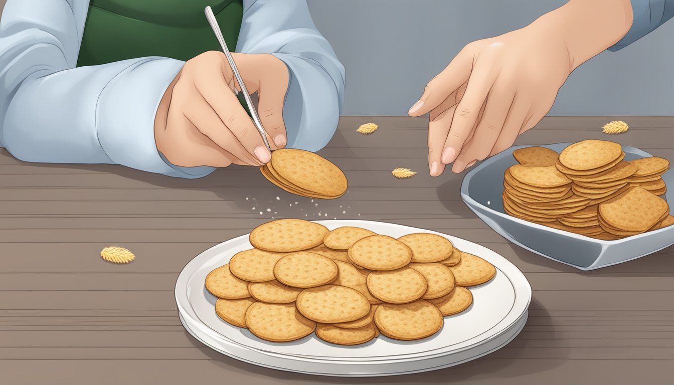 A diabetic carefully counting wheat germ crackers on a plate