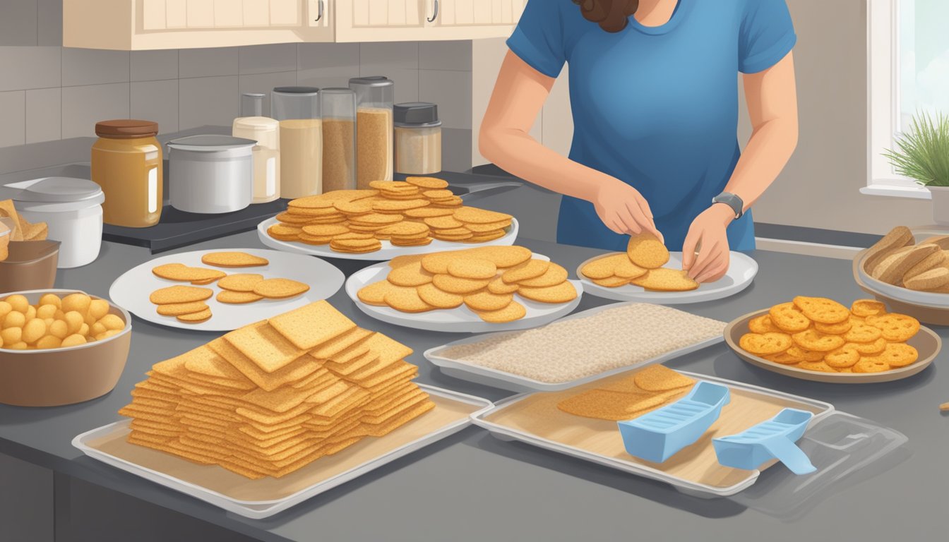 A diabetic carefully selecting and counting crisp breads from a variety of options on a kitchen counter