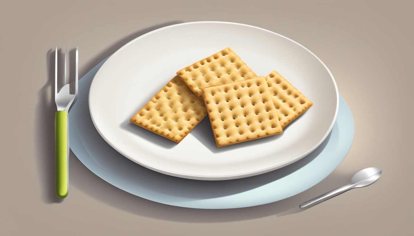 A plate with wheat germ crackers and a measuring tool to indicate portion size