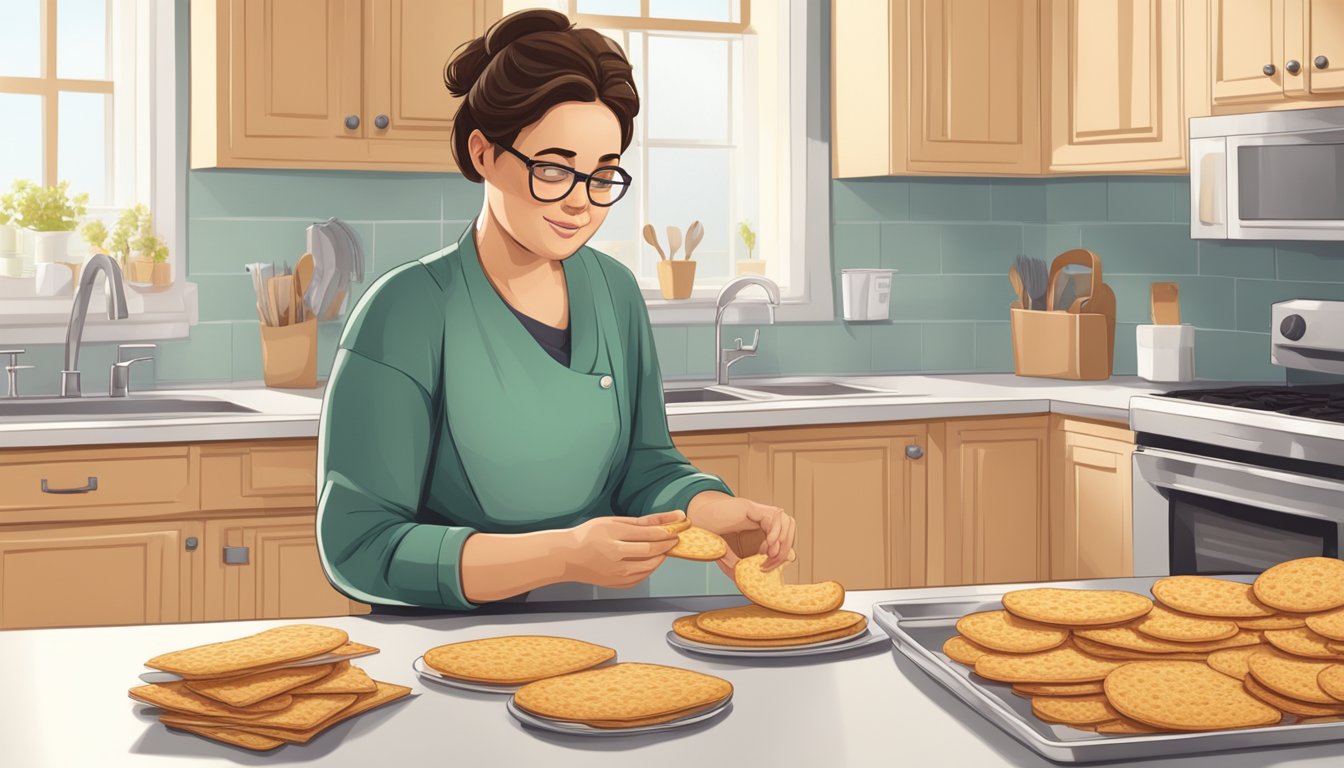 A diabetic carefully counts out crisp breads on a kitchen counter