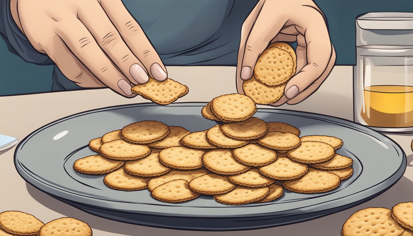 A diabetic person carefully counting wheat germ crackers on a plate