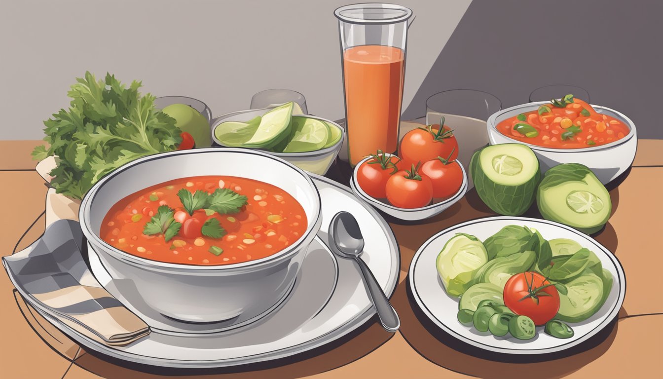 A diabetic sitting at a table with a bowl of gazpacho, a portion size guide, and a plate of healthy foods