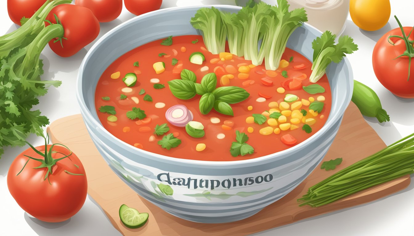 A bowl of gazpacho surrounded by fresh vegetables and a nutrition label