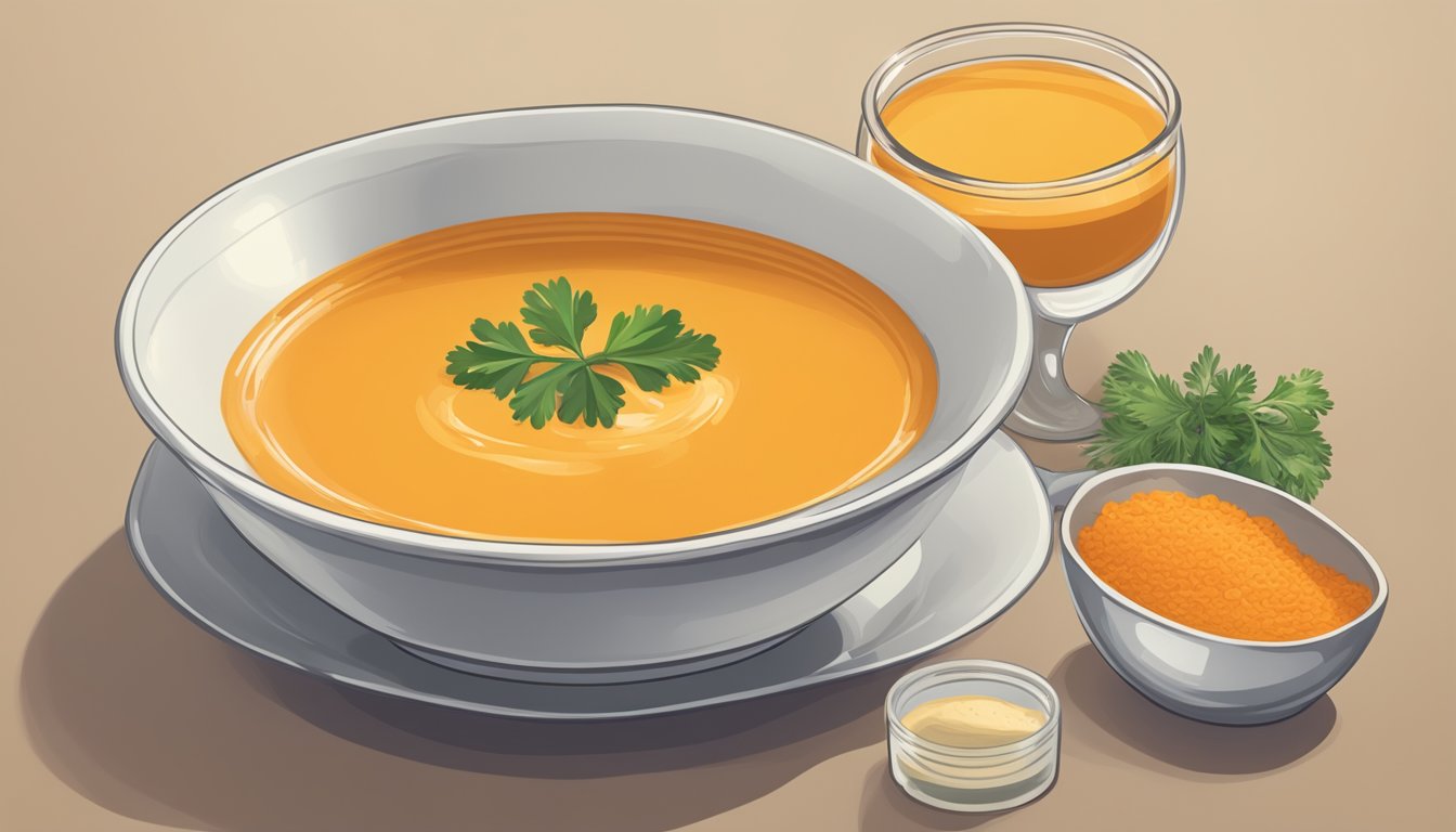 A bowl of carrot soup with a measuring cup next to it, indicating portion control for a diabetic