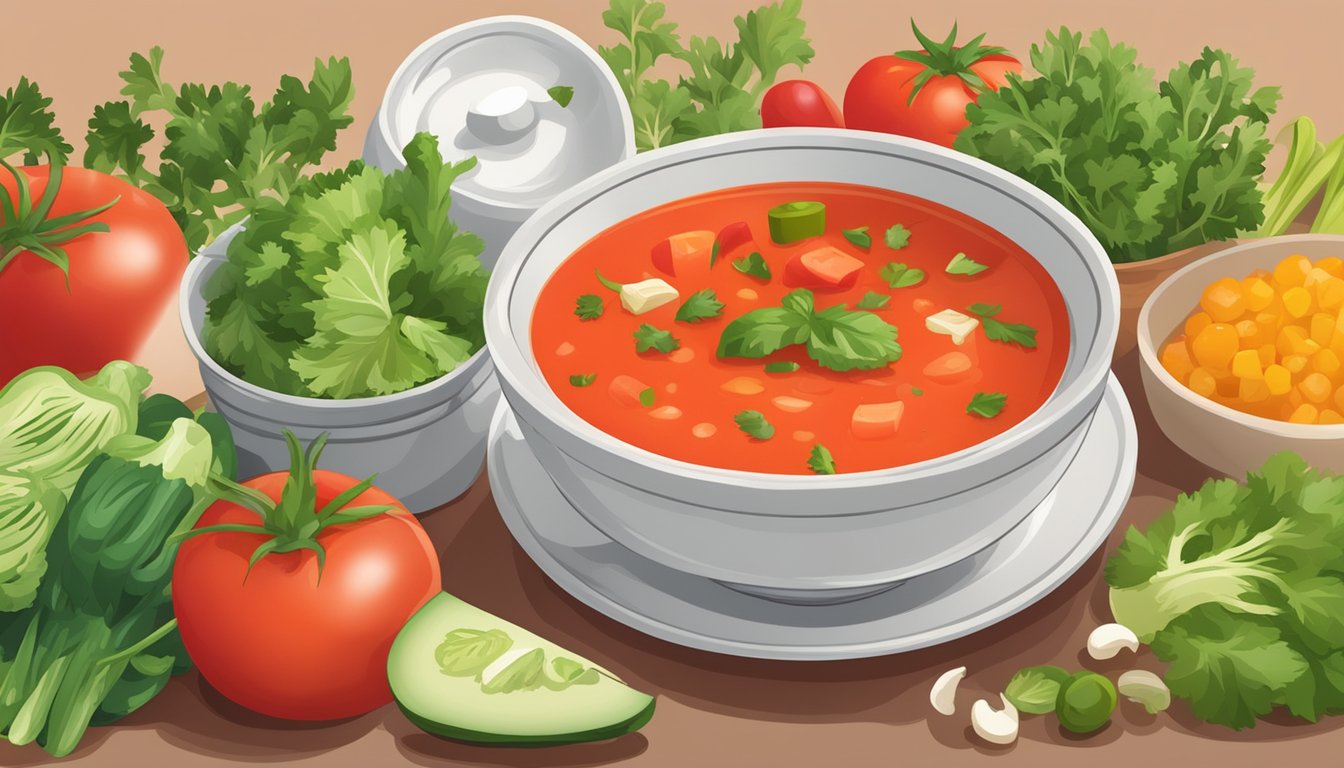 A bowl of gazpacho surrounded by fresh vegetables and a measuring cup